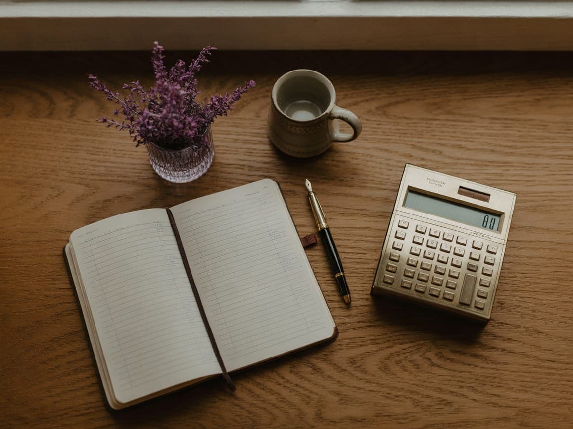 A brass calculator, fountain pen and open ledger on a sunlit oak desk