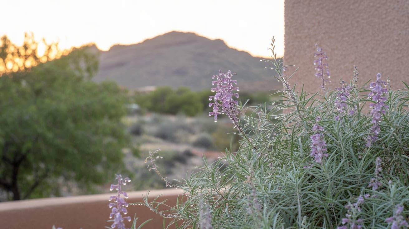 Purple Texas sage blooming after a monsoon rain with South Mountain behind