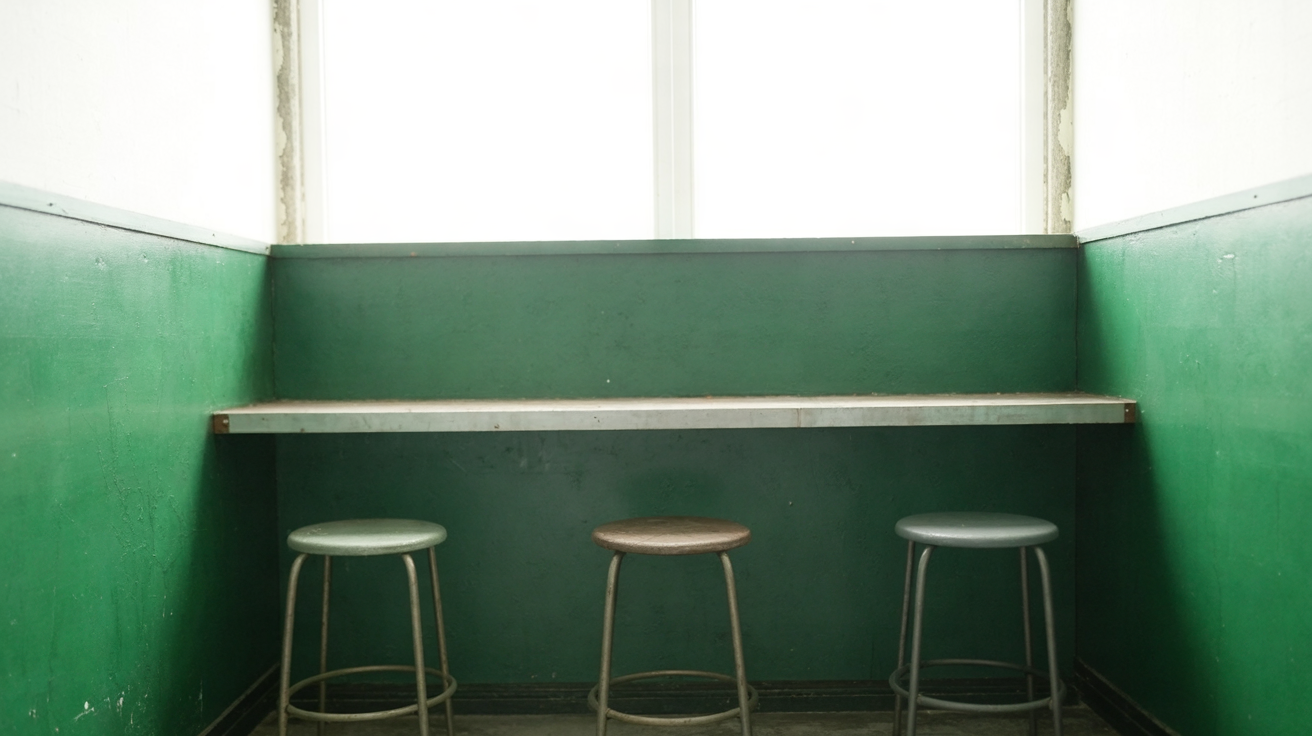 A plain counter with three metal stools below a bright window, in a room with evergreen walls