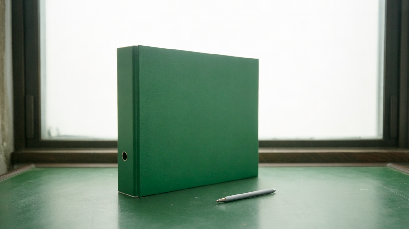 A plain evergreen binder standing on a green table by a bright window, with a pen beside it