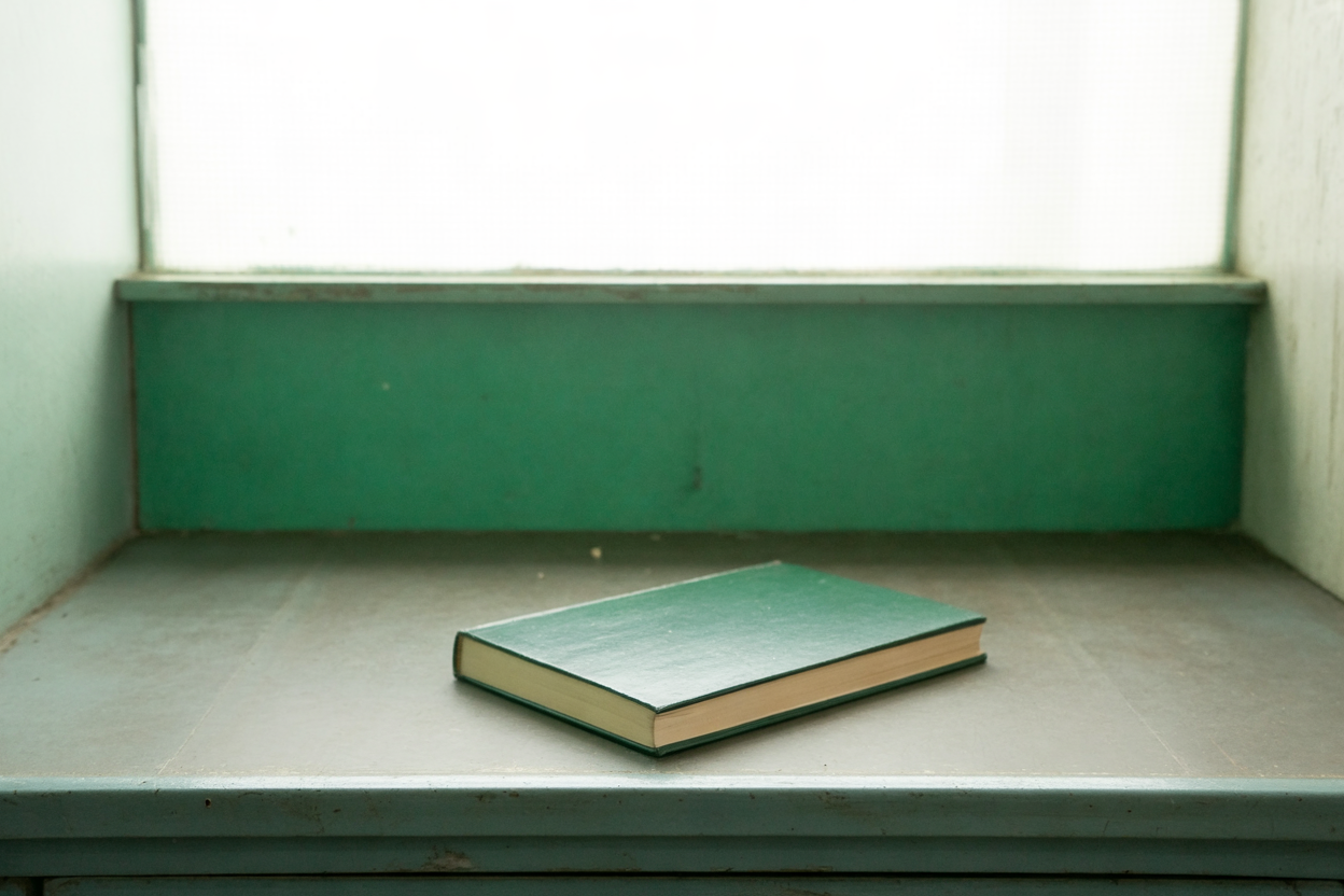 A plain shop counter with a closed evergreen ledger book
