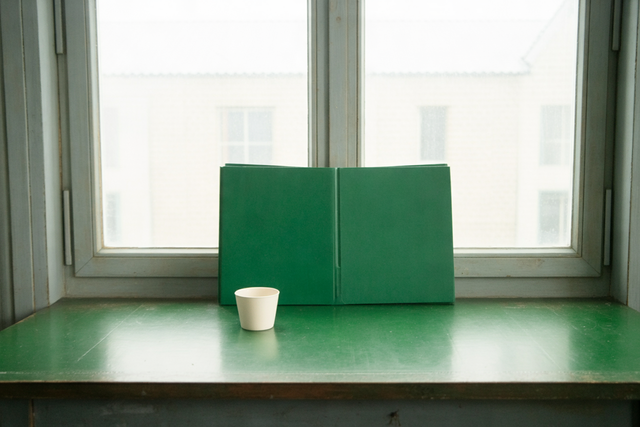 An evergreen folder and a cup on a table by a window
